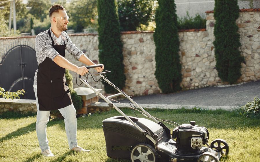 Mowing a lawn in a sunny yard