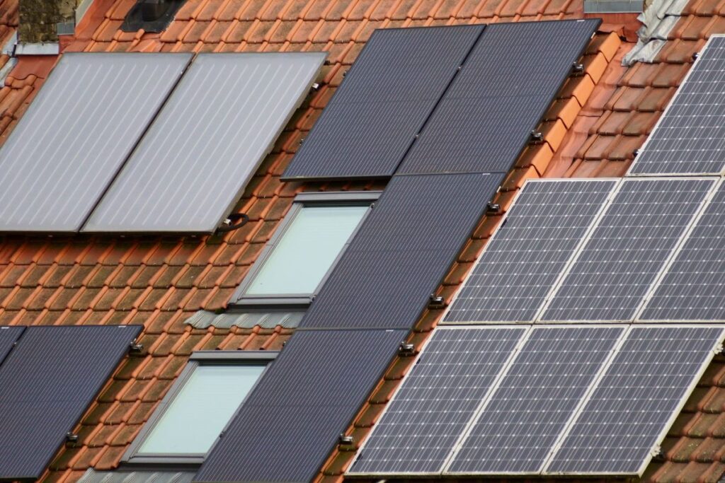Close-up of solar panels on a tiled roof