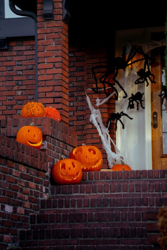 Porch decorated with pumpkins for Halloween