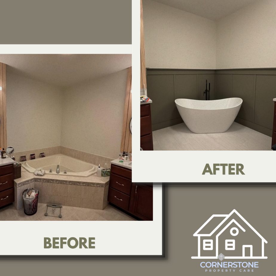 Before and after of a bathroom remodel: built-in corner tub and tile surround replaced with a freestanding soaker tub and custom board-and-batten wainscoting