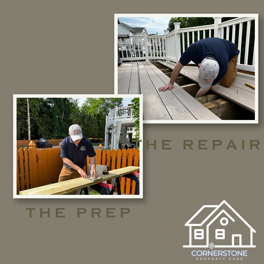 Cornerstone technician repairing a composite deck: measuring new pressure-treated lumber, then sistering it against the failing joists with the deck boards lifted