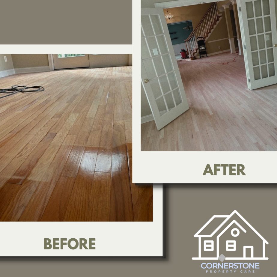 Before and after of a hardwood floor refinish: yellowed orange oak sanded back and refinished in a light Nordic tone