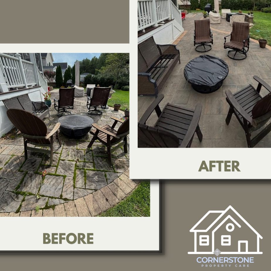 Before and after of a patio cleaning: moss-covered pavers around a fire pit restored to their original tan finish