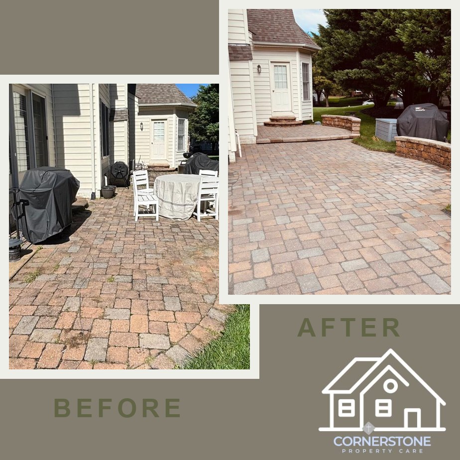 Before and after of a paver patio deep clean and re-sand: dirty, faded pavers restored to their original tan and rose blend