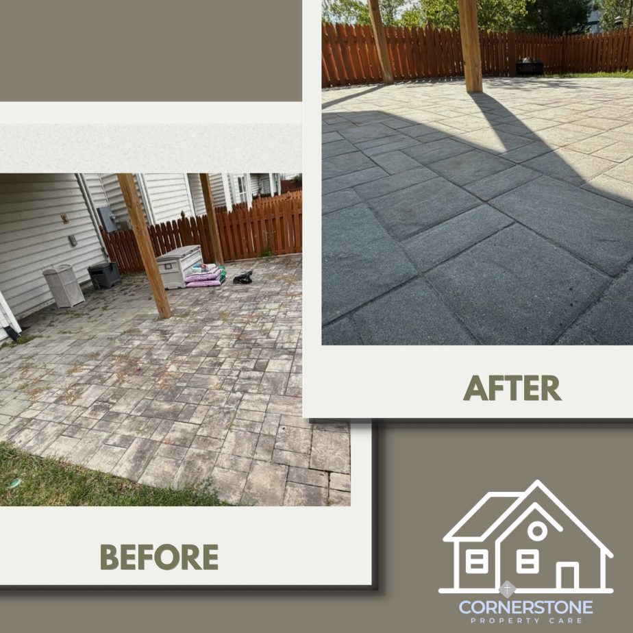 Before and after of a paver patio makeover: grimy, weed-filled pavers restored to clean charcoal and gray