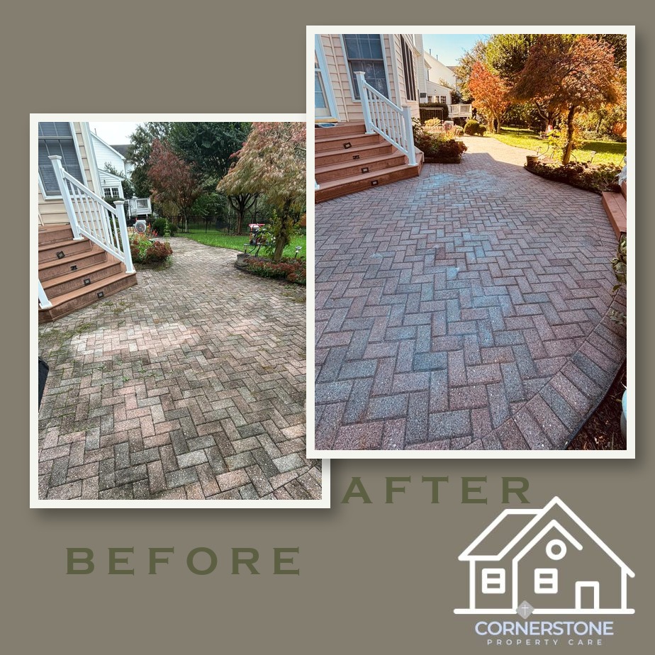 Before and after of a paver patio wash and restoration: gray, algae-dulled herringbone pavers cleaned back to their original red blend