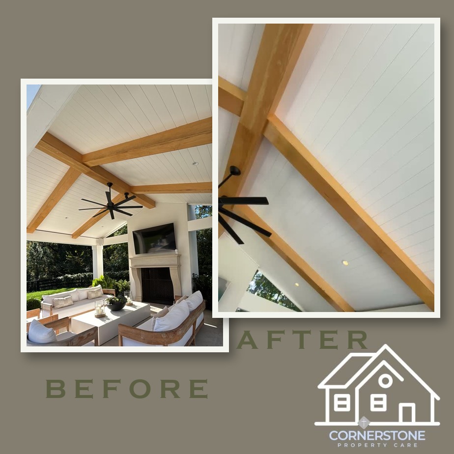 Before and after of a pool pavilion ceiling-beam refinish: sun-faded beams restored to a rich, even tone